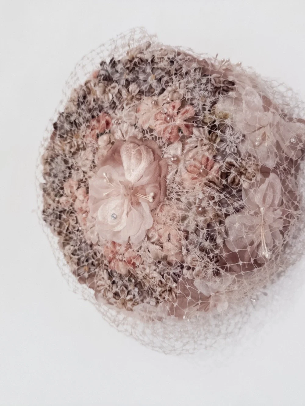 Vintage pillbox hat pink with flowers, beads, netting